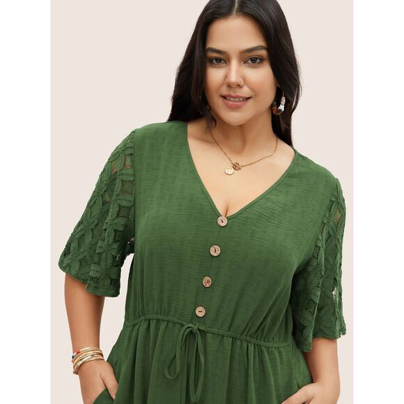 5X 28 Plus Size BloomChic Green V Neck Pocket Midi Dress Ruffle Sleeve Cotton - Picture 3 of 5